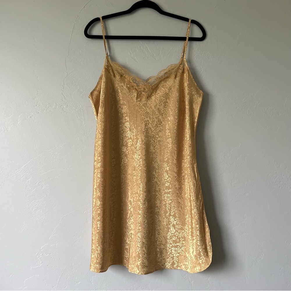 Vintage Avon Gold Floral Embossed Slip Dress Lace Trim Regal Coquette Romantic